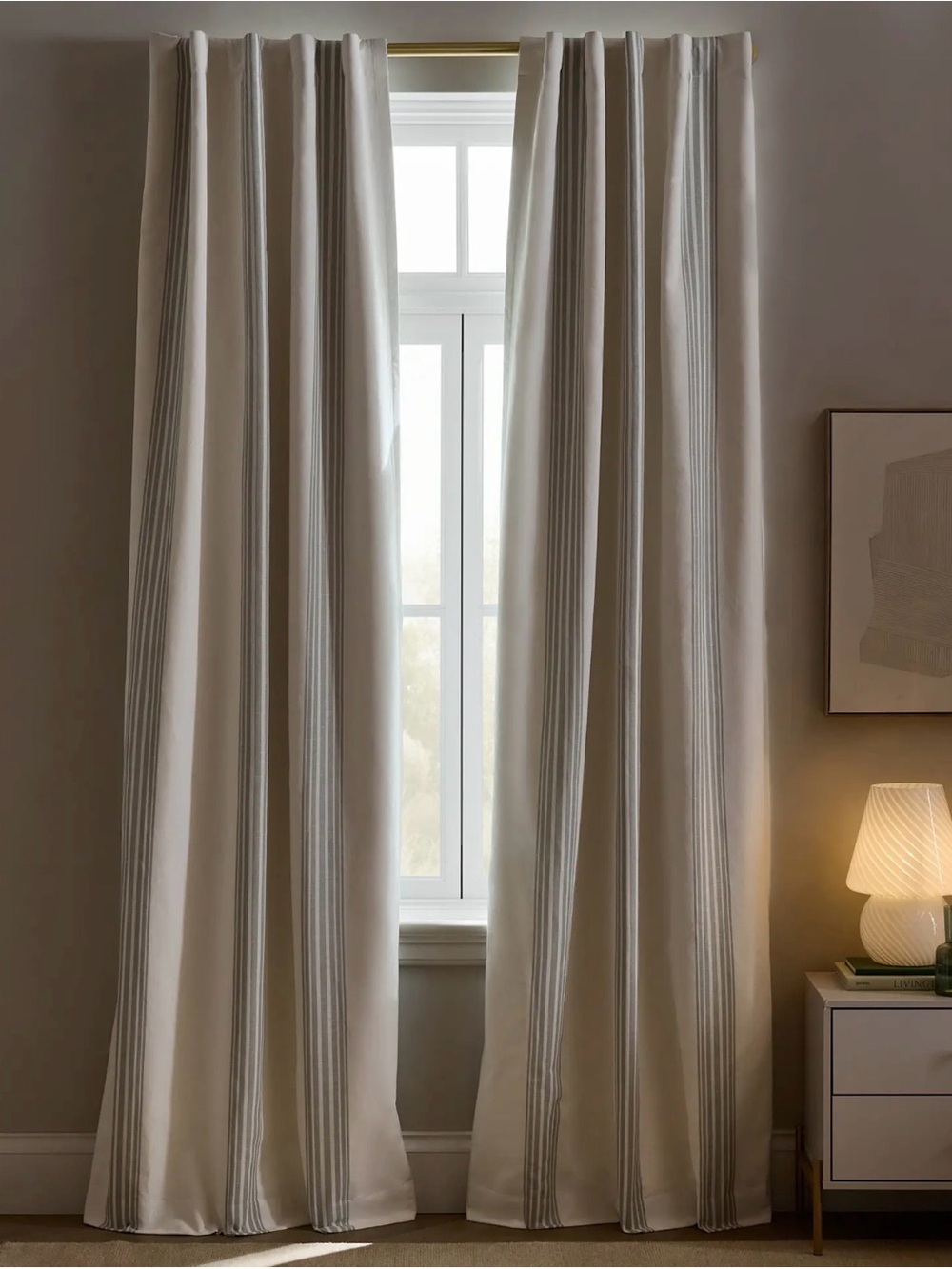 Coastal Stripe Ivory/ Fog Linen Cotton Blend Room Darkening Panel -Retail $92